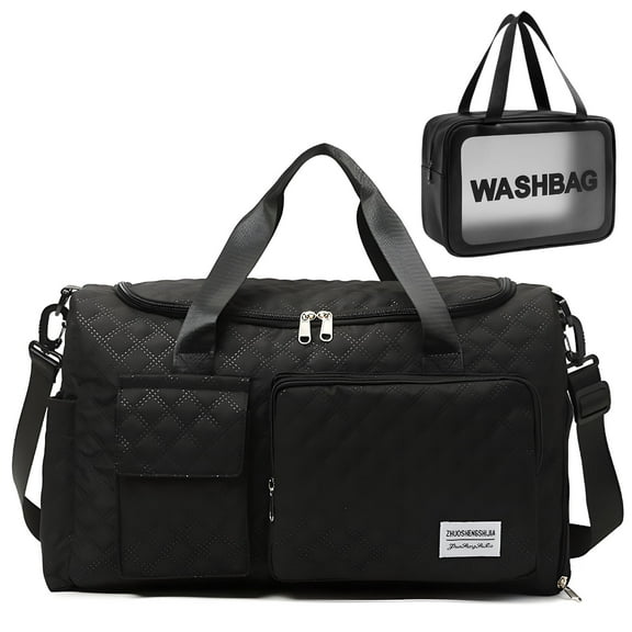 VEGCOO Travel Duffle Bag for Women Men, Weekender Bags Carry on Gym Bag with Wet Pocket/Adjustable Strap/Shoe Compartment, Foldable Waterproof Overnight Tote Bag for Plane Sports Dance, Black