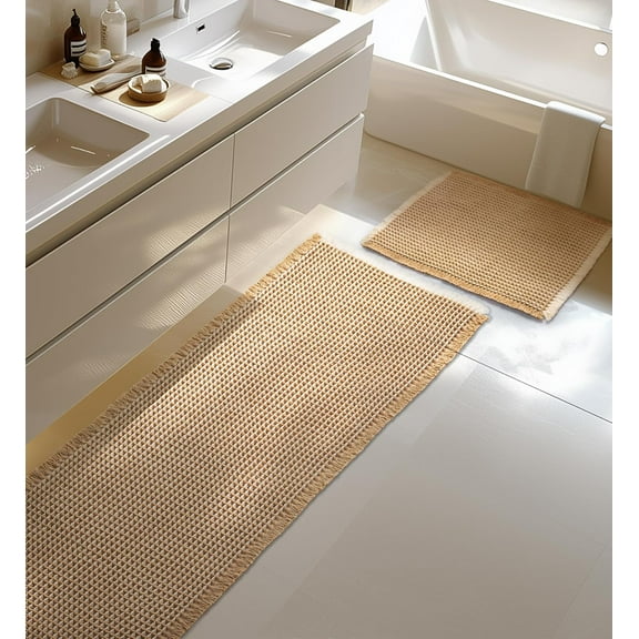 VEGCOO 2pcs (17x24 inch + 24x36 inch) Waffle Weave Bath Mat Set - Super Absorbent & Non-Slip Bathroom Rugs, Machine Washable, Quick-Dry Brown Textured Mats for Shower, Tub & Vanity Areas