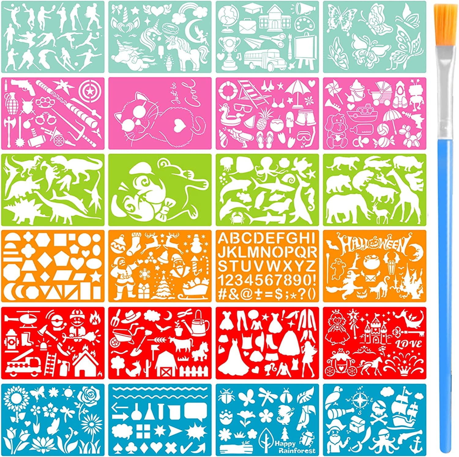 VEGCOO 24PCS Drawing Stencils for Kids Bullet Journal Stencils Over 300 Patterns with A Paintbrush Drawing Templates for Crafts Girls Boys Gift