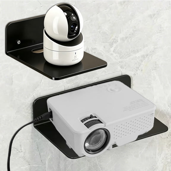 VEGCOO 2Pcs Small Floating Shelf, Metal Wall Shelf for Projector, Wall Mount Wifi Router Shelf, Floating Display Shelf with Cable Hole for Baby Monitor, Video Camera, Smart Speaker, DVD Player