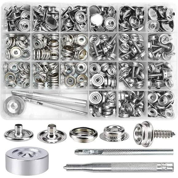 VEGCOO 353 PCS Boat Canvas Snap Kit Marine Grade Stainless Steel Canvas Repair Kit Snap Fasteners Kit for Boat Canvas Fabric Leather with Material Hole Punch/Setting Tools (Silver)