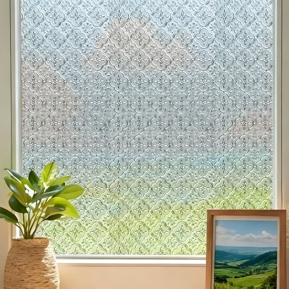 VEGCOO 3D Static Cling Window Film - Privacy Frosted Glass Sticker (31.5 in x 6.5 ft), Non-Adhesive, UV Blocking, Embossed Stained Glass Effect for Home & Office + Bonus Installation Tools
