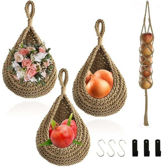 VEGCOO 4 Pack Hanging Fruit Baskets for Kitchen with 6Pcs Hooks, Boho Wall Hanging Baskets, Teardrop Hanging Baskets, Produce Basket for Potato Onion Storage, Home Wall Mount Organizing, Cotton Rope
