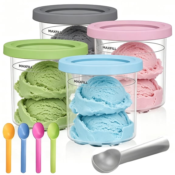 VEGCOO  4 Pack Ice Cream Containers, Replacement Ice Cream Pints and Lids for Ninja Creami NC300 NC301 Series, 16oz, with 4 Spoons & 1 Ice Cream Scoop