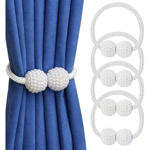VEGCOO [4 Pack] Magnetic Curtain Tiebacks Convenient Drape Tie Backs Pearl Decorative Rope Holdback Holder for Small, Thin or Sheer Window Drapries (white)
