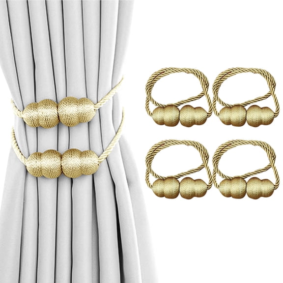 VEGCOO 4-Pack Magnetic Curtain Tiebacks, Creative Gourd Design No-Drilling Rope Holdbacks, Golden Polyester Cord with Strong Magnets, 19" Length for Blackout or Sheer Drapes, for Living Room Bedroom