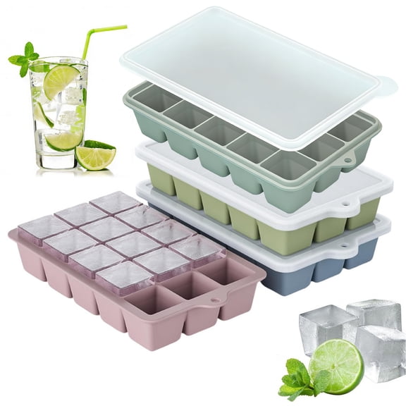 VEGCOO 4-Pack Silicone Ice Cube Trays with Lids - 15 Grid Easy-Release Freezer Trays for Food, Cocktails & Whiskey - BPA-Free Stackable Mold Set with Hanging Hole & Easy-Open Tabs - Morandi Color