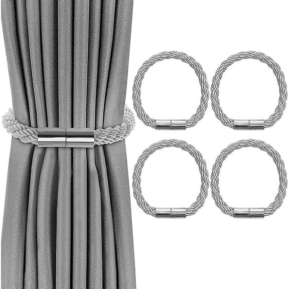 VEGCOO 4 Pack Strong Magnetic Curtain Tiebacks Modern Simple Style Drape Tie Backs Convenient Decorative Weave Rope Curtain Holdbacks for Thin or Thick Home & Office Window Draperies (Grey)