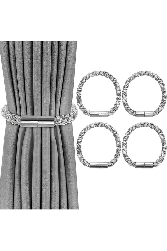 4 Pack Strong Magnetic Curtain Tiebacks Modern Simple Style Drape Tie Backs Convenient Decorative Weave Rope Curtain Holdbacks for Thin or Thick Home & Office Window Draperies (Grey)