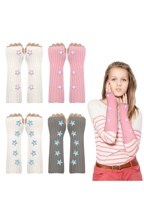 4 Pairs of Cute Y2K Harajuku Japanese-Style,Star Print Knit Fingerless Gloves,Fashionable Warm Sleeves, Perfect for Preppy and Lolita Fashion, Available in 4 Colors