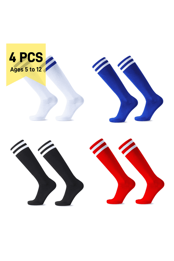 4 Pairs of Kids Long Football Socks – Breathable Non-Slip Sports Socks for 5-12 Years Old Children Running Field Hockey Football Rugby Training – 4 Colors