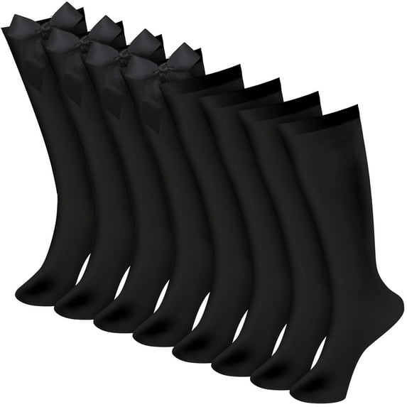 VEGCOO 4 Pairs Knee High Socks Girls Long School Socks, Back to School Uniform Socks School Socks Girls with Bow, Long Socks Girls Cotton Mid Calf Socks for 8-12 Years, (White/Black)