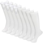 VEGCOO 4 Pairs Knee High Socks Girls Long School Socks, Back to School Uniform Socks School Socks Girls with Bow, Long Socks Girls Cotton Mid Calf Socks for 8-12 Years, (White)