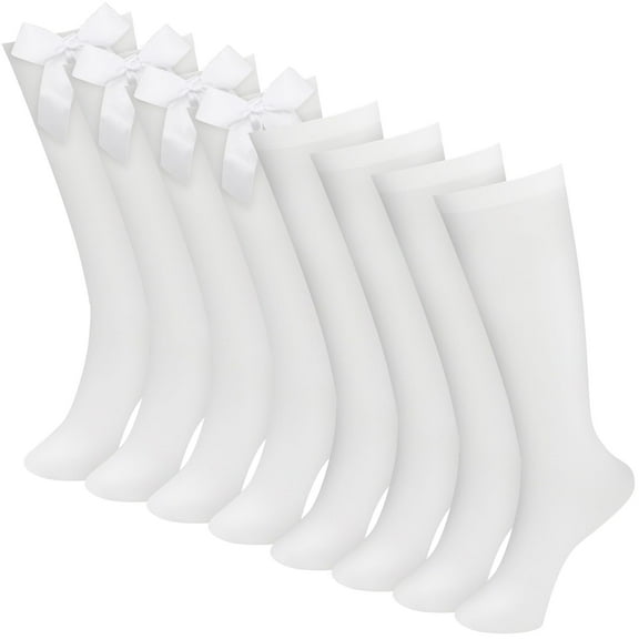 VEGCOO 4 Pairs Knee High Socks Girls Long School Socks, Back to School Uniform Socks School Socks Girls with Bow, Long Socks Girls Cotton Mid Calf Socks for 8-12 Years, (White)
