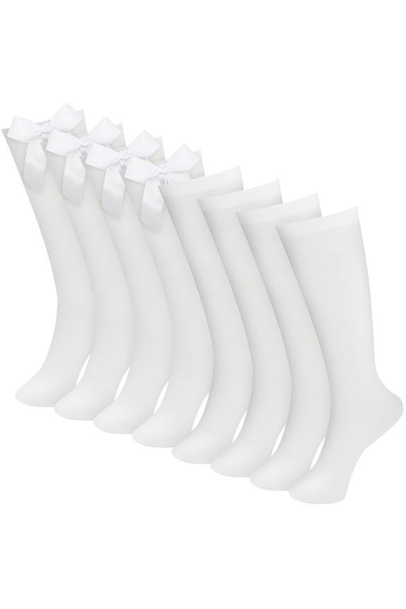 4 Pairs Knee High Socks Girls Long School Socks, Back to School Uniform Socks School Socks Girls with Bow, Long Socks Girls Cotton Mid Calf Socks for 8-12 Years, (White)