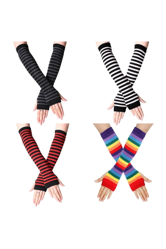 4 Pairs Striped Arm Warmers Long Fingerless Gloves for Women, Knit Arm Warmers Gloves Fingerless Long Wrist Warmers Autumn Winter Accessories for Women