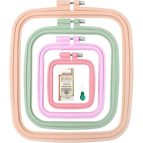 VEGCOO 4 Pcs 4 Size Square Embroidery Hoops, ABS Plastic Embroidery Hoops Cross Stitch Hoops Embroidery Frames for Sewing, Needlework, Embroidery Projects (Size-3", 4.3", 6.5", 8.7")