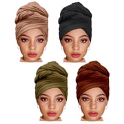 VEGCOO 4 Pcs Stretch Head Wrap, Long Cotton African Head Scarf for Women, Soft Breathable Stretchy Hair Turbans for Daily Wear