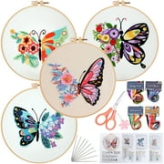 VEGCOO 4 Set Embroidery Kit for Beginners, Embroidery Starter Kit with Pattern and Instruction, Cross Stitch Kits Include Embroidery Hoop and Complete Embroidery Tools, Needlepoint Kit for Adults