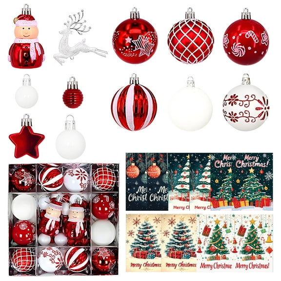 VEGCOO 44pcs Snowman Christmas Ornaments Set - Shatterproof Red/White Themed Tree Balls with 10 Greeting Cards, Holiday Decor for Xmas Tree, Wreath & Gift Wrapping