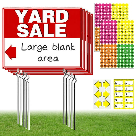 VEGCOO 5-Pack Yard Sale Signs 13x17 inch with Metal Stakes & 4 Price Stickers - Double-Sided Weatherproof Garage Sale Signs, Directional Arrow Sign, for Farmers Market - Reusable Rigid PP Board