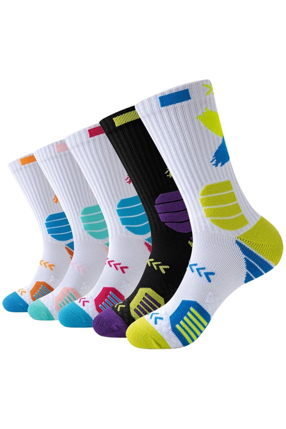 5 Pairs Men's Basketball Socks Mid-Crew Cushioned Athletic Socks with Non-Slip Grip, Moisture-Wicking & Breathable Design for Sports, Gym, Daily Wear (US 7-12)
