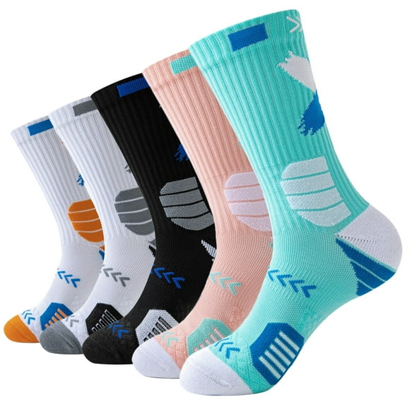VEGCOO 5 Pairs Men's Basketball Socks Mid-Crew Cushioned Athletic Socks with Non-Slip Grip, Moisture-Wicking & Breathable Design for Sports, Gym, Daily Wear (US 7-12)