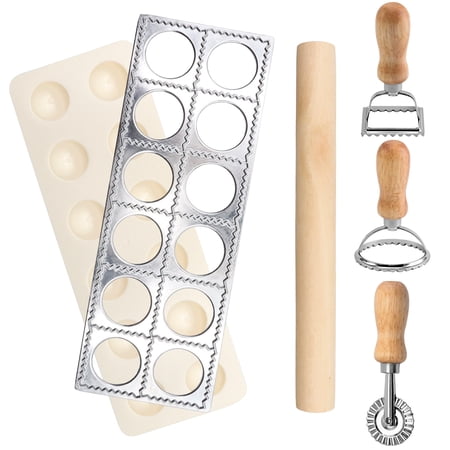 VEGCOO 5-Piece Ravioli Maker Set with 12-Hole Mold, 3 Cutters and Wooden Rolling Pin