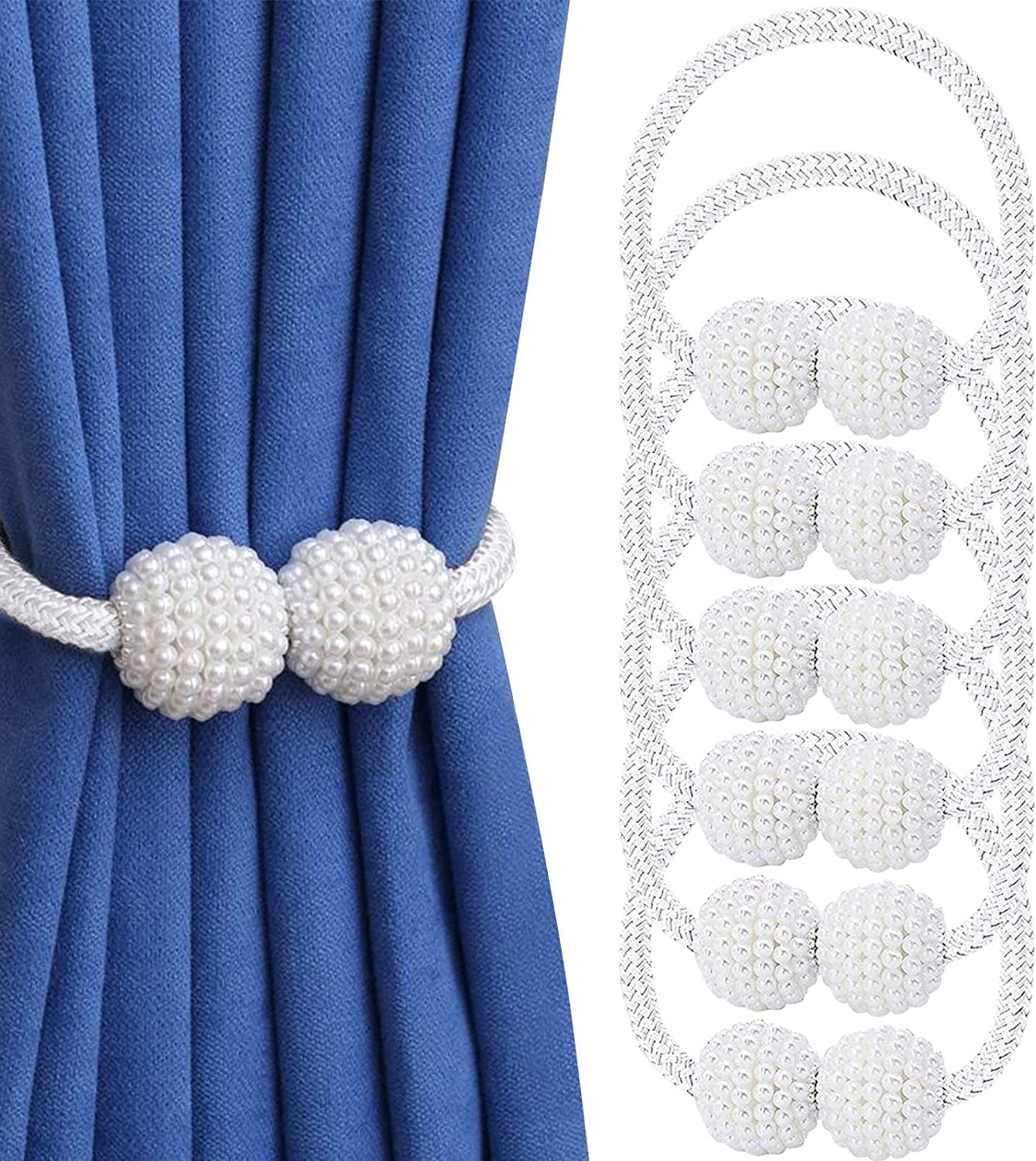 VEGCOO 6 Pack Magnetic Pearl Drape Tiebacks - Decorative Rope Holdback ...