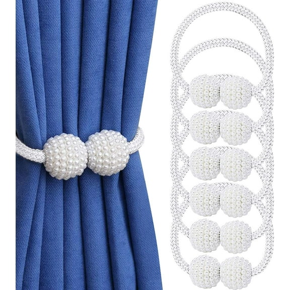 VEGCOO [6 Pack] Magnetic Curtain Tiebacks Convenient Drape Tie Backs Pearl Decorative Rope Holdback Holder for Small, Thin or Sheer Window Drapries (white)