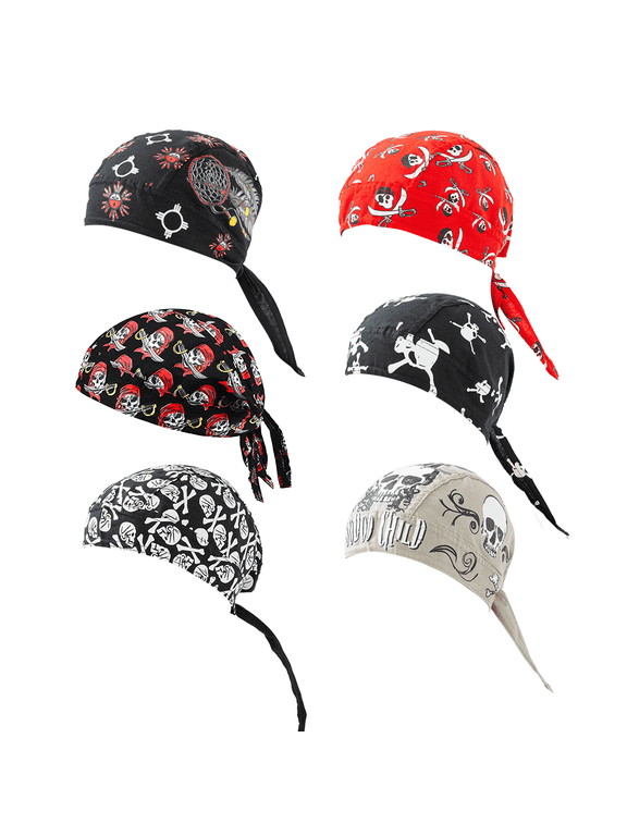 6 Pack Skull Bandana Hats for Men & Women - Breathable Cotton Doo Rags with Patriotic Eagle, Pirate, Feather Designs for Cycling, Motorcycle, Outdoor Activities