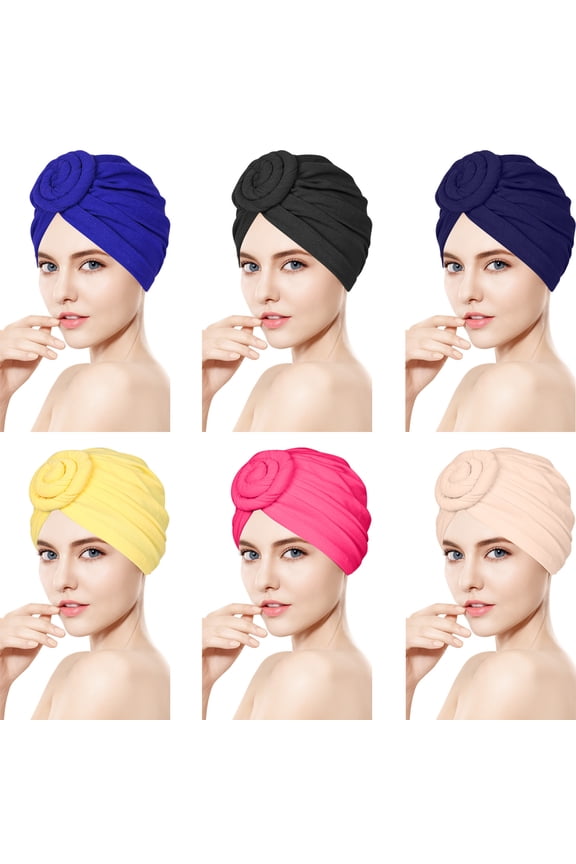 6 Pack Womens Knotted Headwraps Soft Pre-Tied Turbans, Bohemian Style Headwear, Stretchy Beanie Caps for Hair Cover
