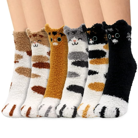 VEGCOO 6 Pairs Fluffy Socks for WomenCozy Cute Fluffy Socks with Cat Paw Pattern,Fuzzy Socks Sleep Socks,, Winter Warm Animal Bed Socks