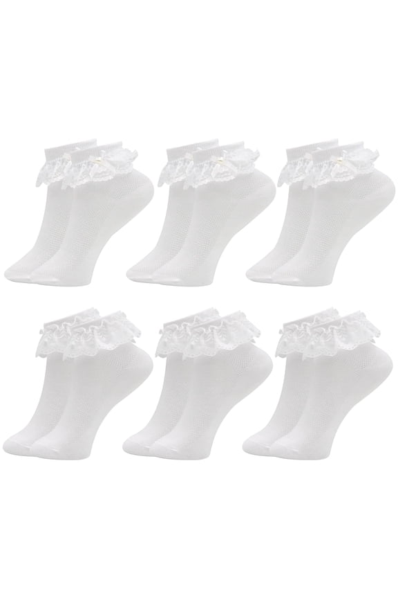 6 Pairs Girls White Frilly Socks, Cute Cotton Ruffled Trim Ankle School Socks, Comfortable Girls Frilly Ankle Socks, Vintage Bows Kids Frilly Socks, Beautiful White Communion Socks for Girls
