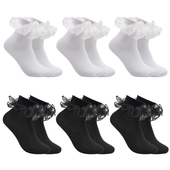 VEGCOO 6 Pairs Ruffle Ankle Socks – Lace Frilly Cotton Socks, Fashion Princess Style Socks for Women & Girls