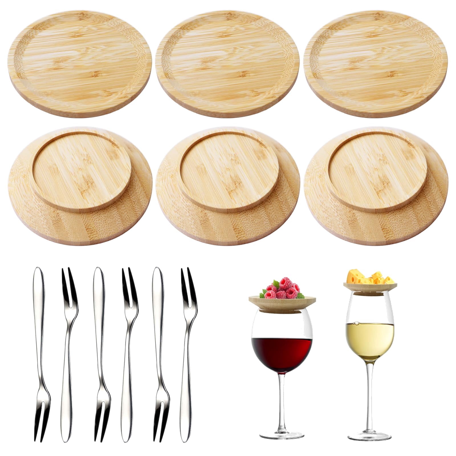 MesaSe 6 Pcs Wine Glass Charcuterie Topper Wine Glass Topper Plate Mini Boards Covers Bamboo Coasters Fruit Forks Family Gatherings Party