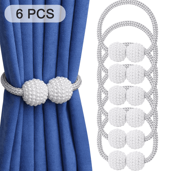 Vegcoo Magnetic Curtain Tiebacks, 6-Pack – Pearl Rope Holdbacks for Home, Office, and Hotel Windows (Grey)