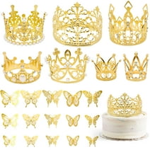 VEGCOO 60 Pcs Gold Butterfly Cake Decorations with 7 Pcs Gold Crown Cake Topper for Birthday Party Wedding Baby Shower Cake Decor and Flower arrangements