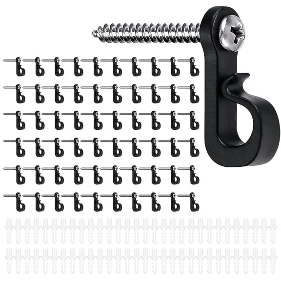 VEGCOO 60Pcs Light Hanger Hooks for Outdoor String Lights, String Light Hooks,Screw Hooks for Hanging Christmas Light Clips, Led Fairy Lights, Cable, Outdoor Patio Lights, Wind Chimes ,Black
