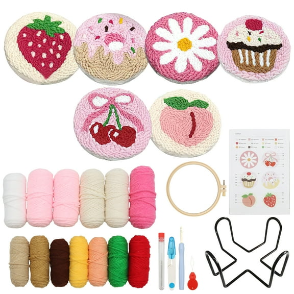 VEGCOO 6PCS Punch Needle Coaster Kit,Easy DIY Embroidery Set for Beginners, Tools, Yarns, Hoop, Instructions & Coaster Holder