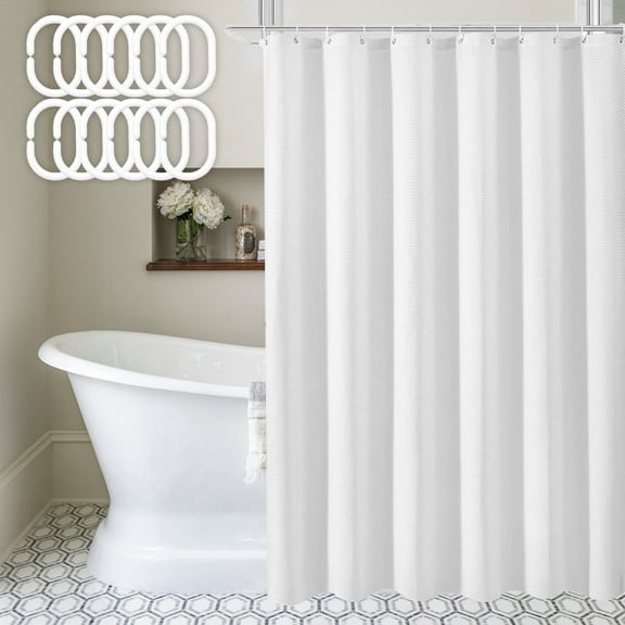 VEGCOO 72 x 72 Waffle Weave Shower Curtain, Waterproof & Mold Resistant, Heavy-Duty 230GSM Thick Weighted Bath Curtain with 12 Hooks, Machine Washable, for Home Bathroom, Apartment, Dorm, White