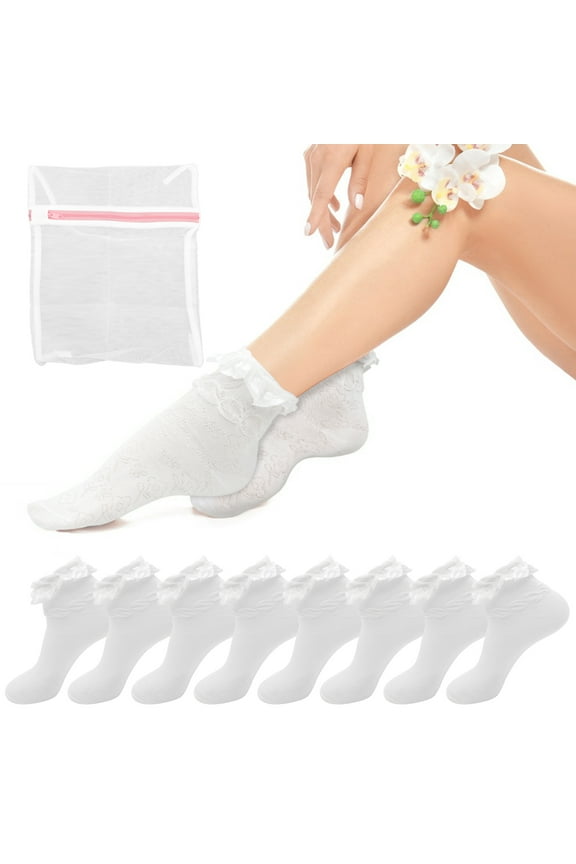 8 Pairs Women's Lace Ruffle Crew Socks with Laundry Bag