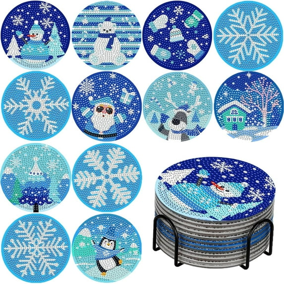 VEGCOO 8 Pcs Christmas Diamond Art Coasters with Holder for Home Decor,Kids Diamond Art Craft Supplies Christmas Gift