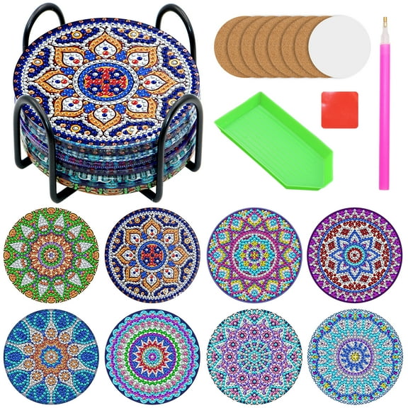 VEGCOO 8 Pcs Diamond Art Painting Coasters with Holder, DIY Mandala Coasters Diamond art Painting Kits for Beginners, Adults & Kids Art Craft Supplies