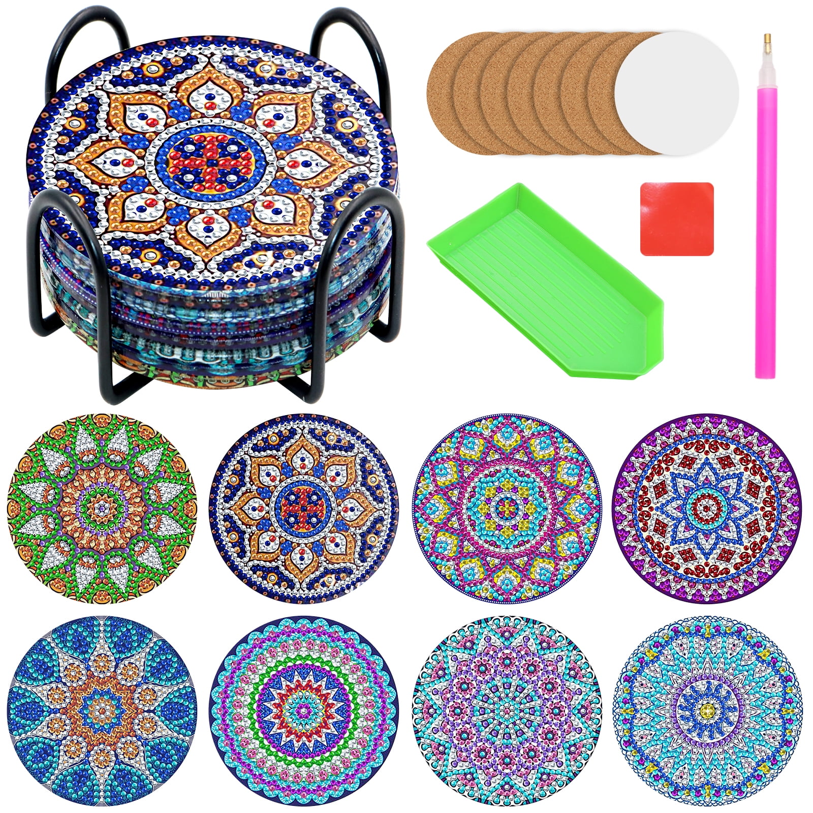 VEGCOO 8 Pcs Diamond Art Painting Coasters Set with Holder, DIY Mandala