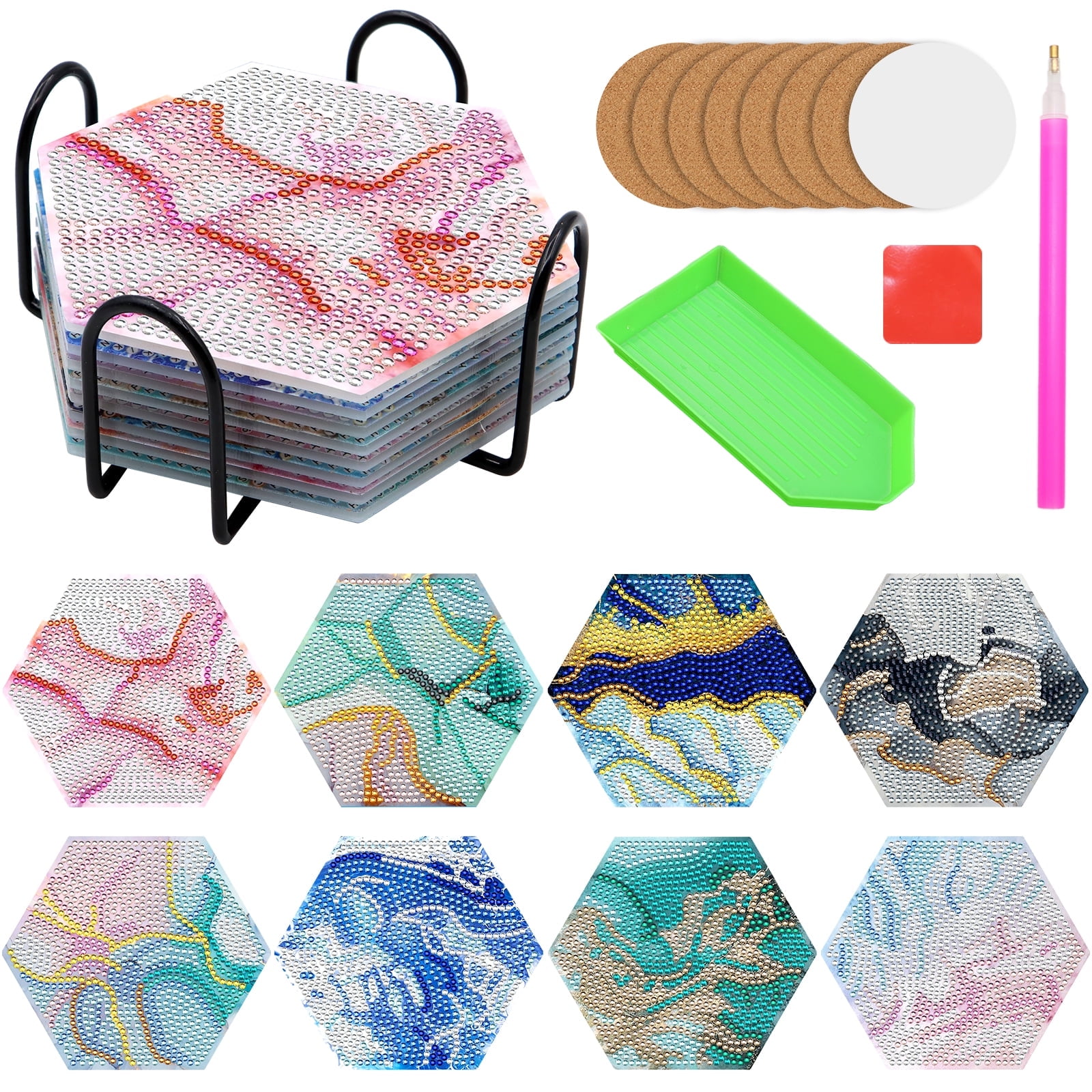 VEGCOO DIY Diamond Art Coaster Kit, 8-Piece Acrylic Coasters, Cork Base ...