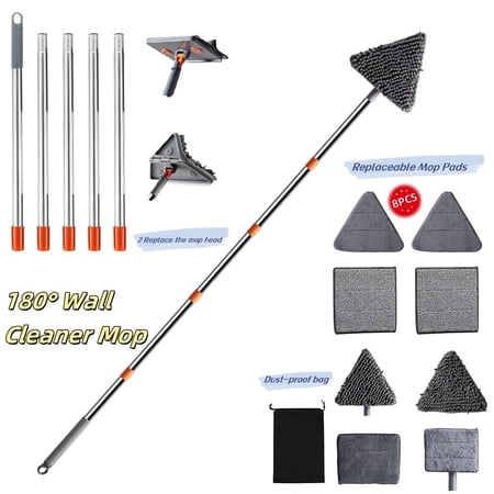 VEGCOO Wall Mop Cleaner Long Handle 38.4inch ,270° Folding Ceiling Cleaning Tool with Squeegee,Triangle Baseboard Scrubber with 4 Chenille Duster and 4 Microfiber Pads for Cleaning Window, Cabinet