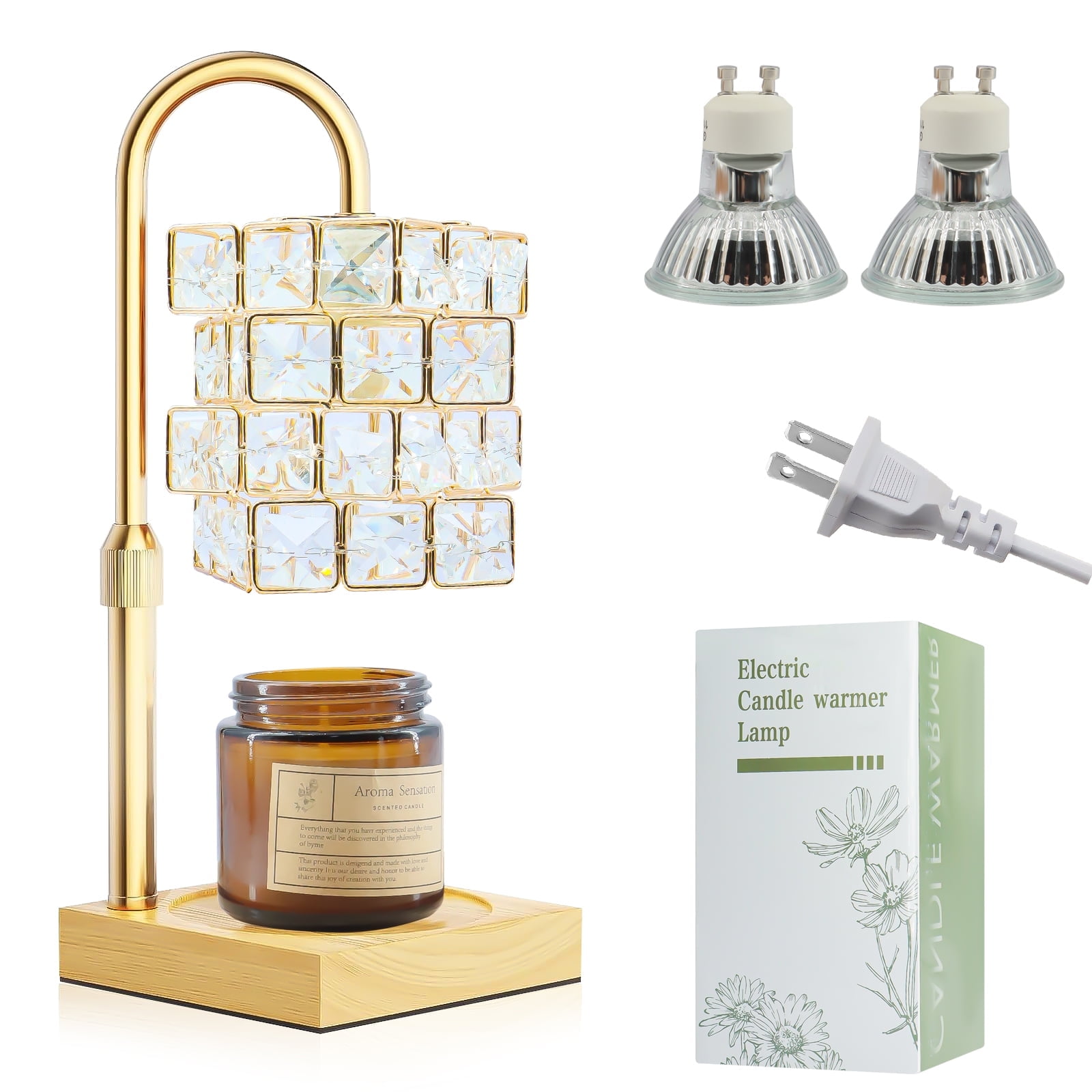 VEGCOO Adjustable Height Crystal Cube Wax Melting Lamp Gift Box, Electric Candle Warmer with 4 Brightness Levels and Timer, Suitable for Most Jar Candles (2 Bulbs+80g Scented Candle+Wax Melting Lamp)