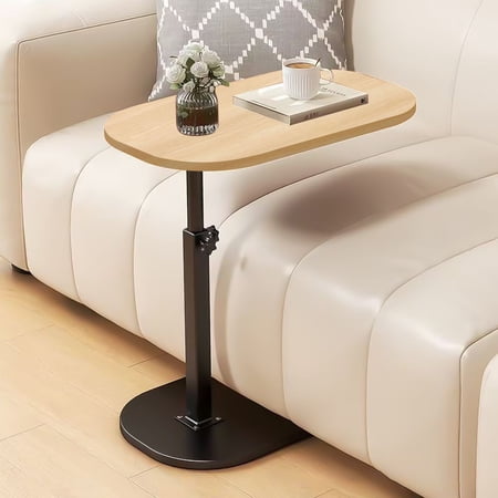 VEGCOO Adjustable Height End Table with 360° Swivel Tabletop, C-Shaped Side Table for Sofa, Bed, Office, Living Room ( Wood color )