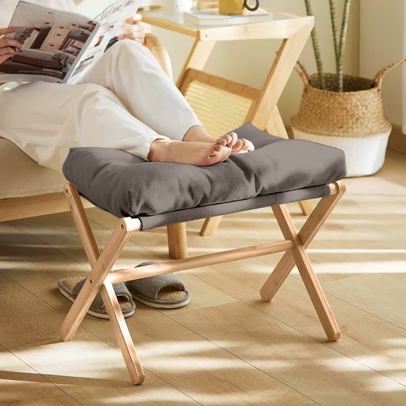 VEGCOO Bamboo Accent Ottoman, Foldable Footrest Stool with Removable Velvet Cushion, Portable Foot Stool for Living Room, Bedroom, Office, Natural Solid Wood Frame, Easy Assembly, Holds up to 300 lbs